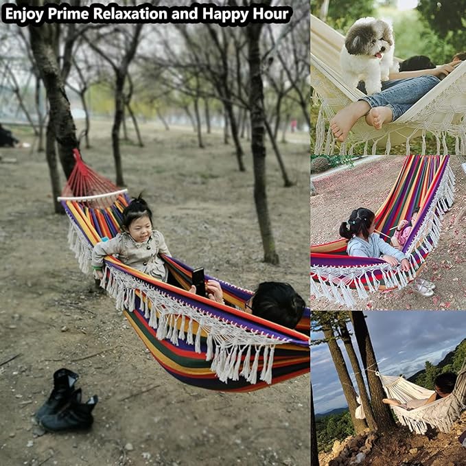 Cotton Canvas Tassel Hammock, Double Boho Hammocks with Macrame Fringe, Portable Camping Indoor Outdoor Garden Hammock Swing with Travel Bag, 150kg Load Capacity White