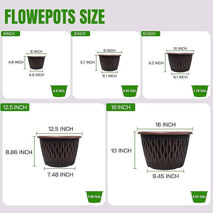 4 Pack 12 Inch Retro Plant Pots, Vintage Striped Flower Pots with Drainage Hole & Saucer, Large Plastic Planters for Indoor and Outdoor Plants, Decorative Garden Pots(Copper)