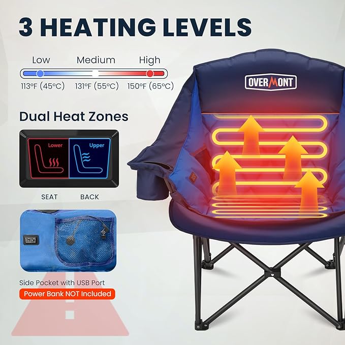 Overmont 2PCS Heated Oversized Camping Chair for Adults - 3 Heat Levels Seat & Back Separately Control - 400lbs Support Heavy Duty Padded Folding Chair Outdoor Garden Portable - Battery NOT Included