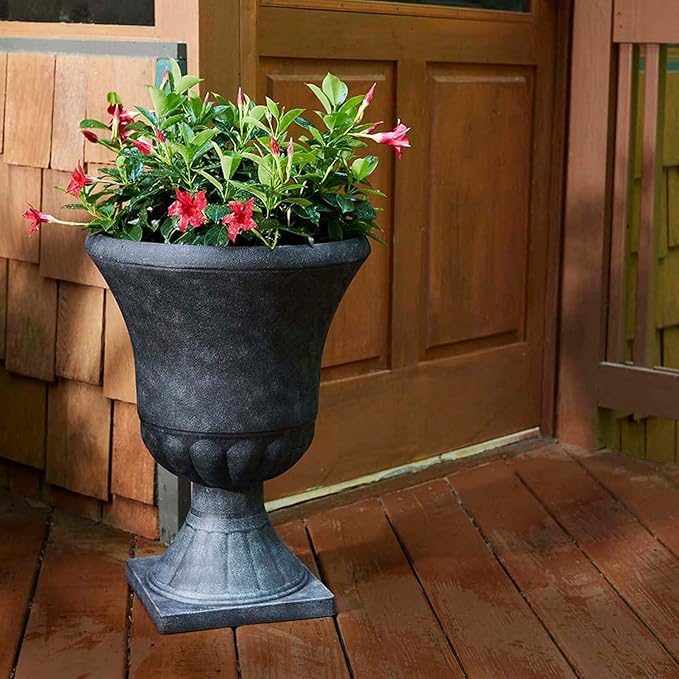 Southern Patio Winston 16 Inch x 21 Inch Urn Plastic Decorative Outdoor Planter Pot for Porch, Patio, or Garden with Removable Base, Matte Black