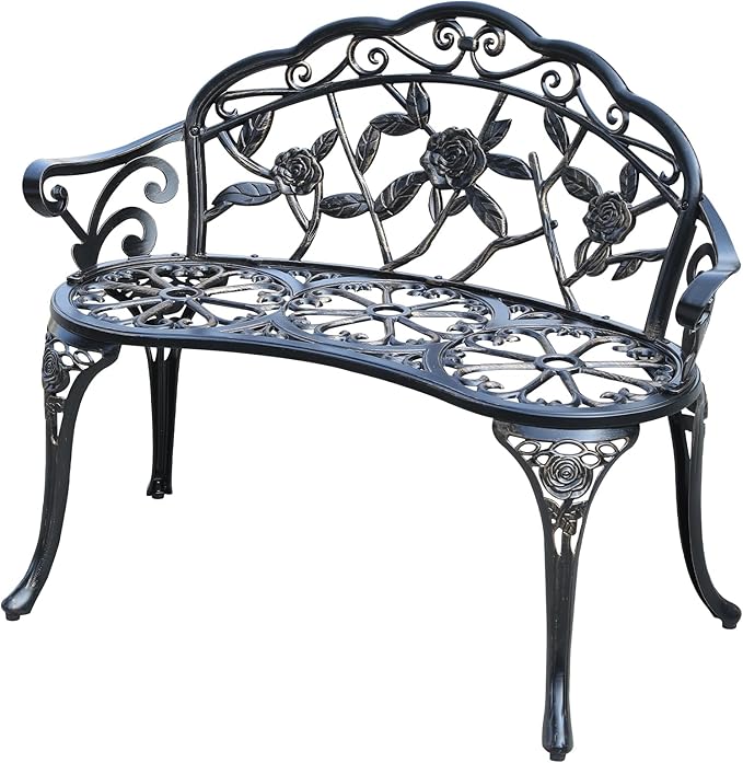 Cast Aluminium Outdoor Bench, Rose Garden Bench for Patio,Park,Lawn,Yard(Bronze)