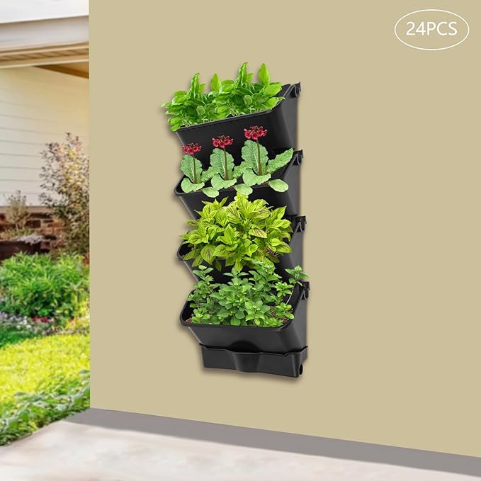 Wall-Mounted Vertical Garden Planter Set – 24 Self-Watering Planters with Drainage Pipe, Stackable Wall Planters for Indoor & Outdoor Use (Black, 24PCS)