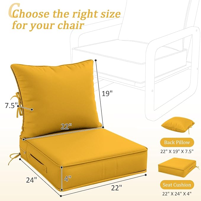 Outdoor Patio Chair Cushions Set 22 L X 24 W X 4 H Waterproof & Fade Resistant Deep Seat and Back Cushions with Removable Covers Outdoor Seat Cushion Set for Chairs and Sofas