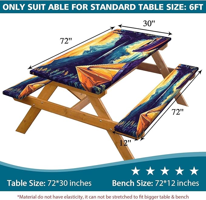 3PCS Picnic Table Cover with Bench Cover Forest Landscape Boat Tent Pattern Camping Tablecloth Fitted Picnic Table Cover with Elastic Windproof Waterproof, Outdoor & Garden Camping Accessories 60IN