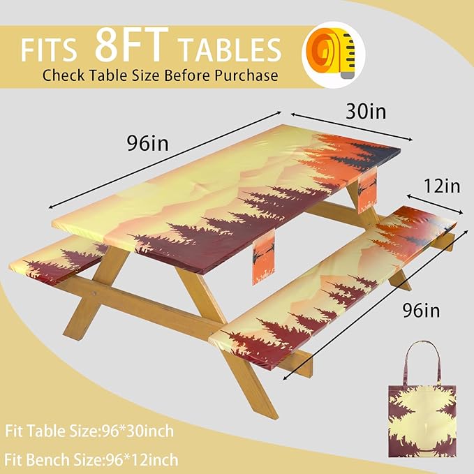 Fitted Waterproof Picnic Table Cover with Bench Covers Elastic Reusable Camping Table Cloths for 8Ft Rectangle Tables Summer Camp Motorhome Party Gear Outdoors Car Travel Trailer Gadgets Gift