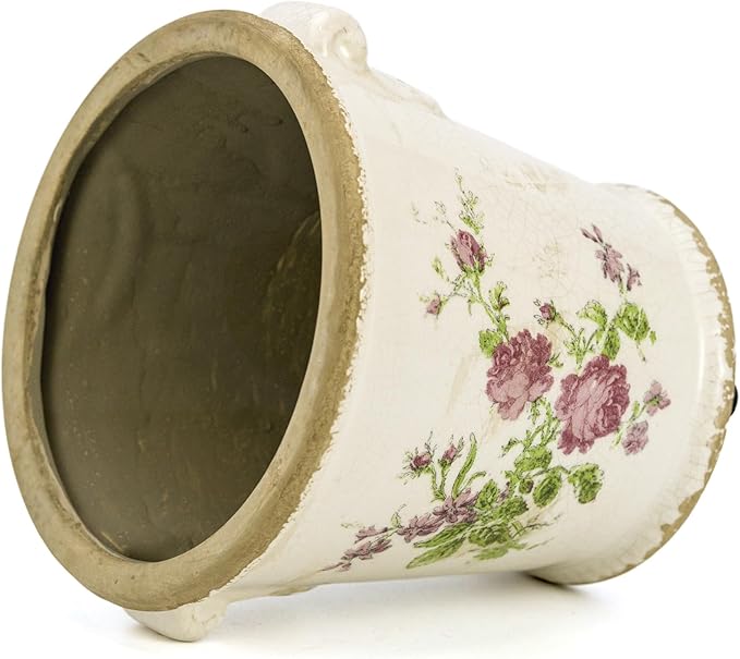 Vintage Ceramic Flower Pot with Drainage Holes and Handle,Ice Crack Country Rustic Planters for Indoor Outdoor,Tuscan Decor,Home and Garden Decor,Gardening Present