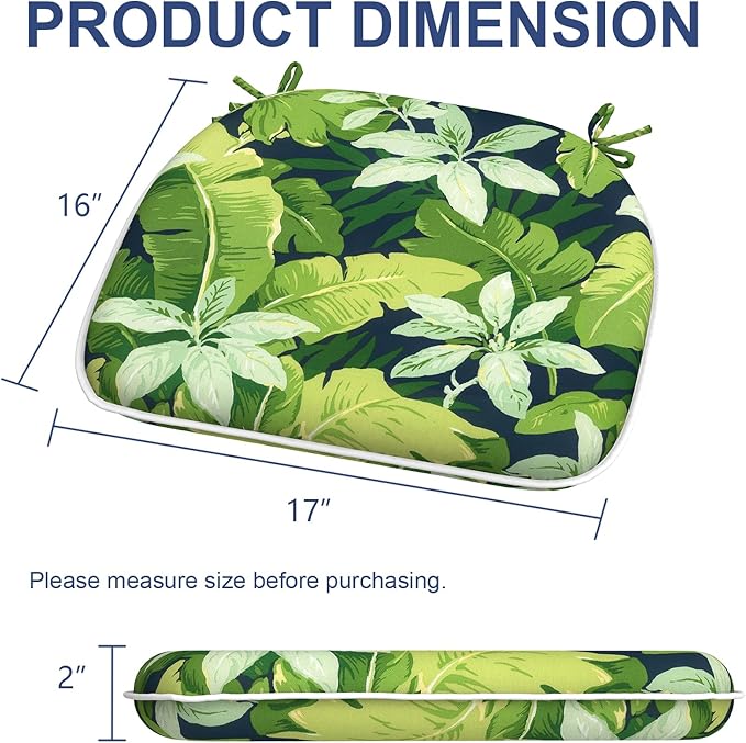 Outdoor Chair Cushions 16"x17" Set of 2, Water Resistant Patio Chair Pads with Ties, Seat Cushions for Home Garden Furniture Decoration, Jungle Leaves