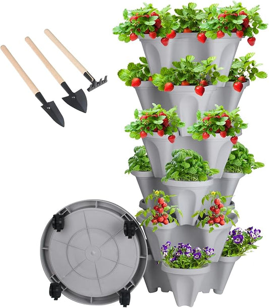 GameXcel Vertical Planter 6 Tier Stackable Planters Garden Planters Strawberry Herb Flower and Vegetable Planter Indoor Outdoor Gardening Pots with Removable Wheels and Tools