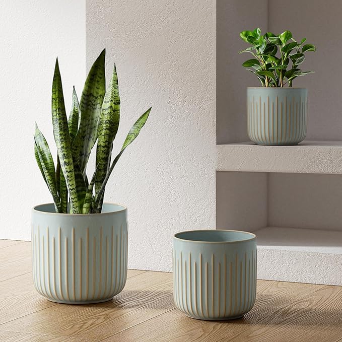 LE TAUCI Fluted Ceramic Pots for Plants, 8.3/7/6 Inch Indoor Planters with Drainage Holes & Mesh, Modern Glossy Glaze Cylinder Plant Pot for Snake Plant, Set of 3, Mist Gray