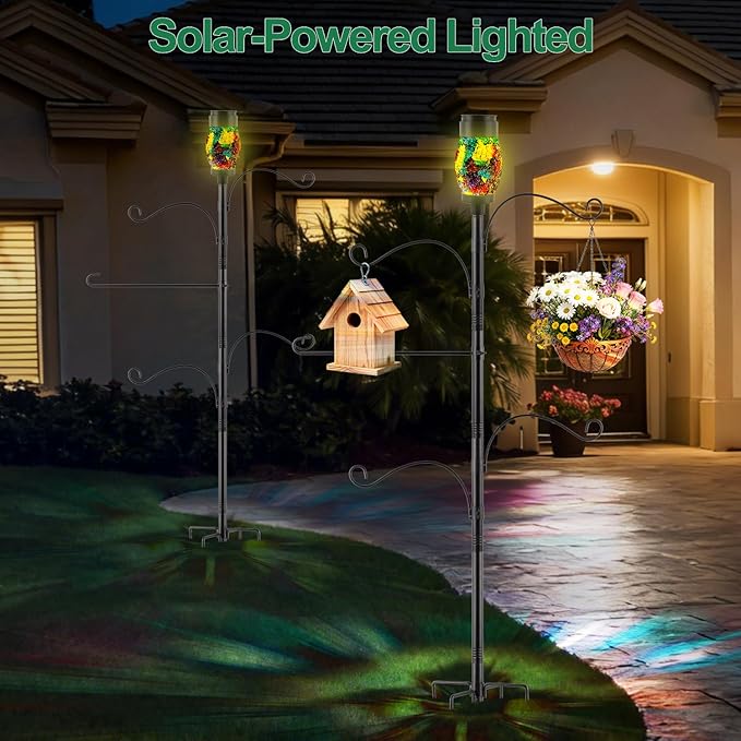 Camii Solar Shepherds Hooks for Outdoors, 80" Bird Feeder Pole with Light, Flag Holder, 5 Prongs Base, Garden Flag Holder for Hook Bird Feeder, Plant Baskets, Lantern