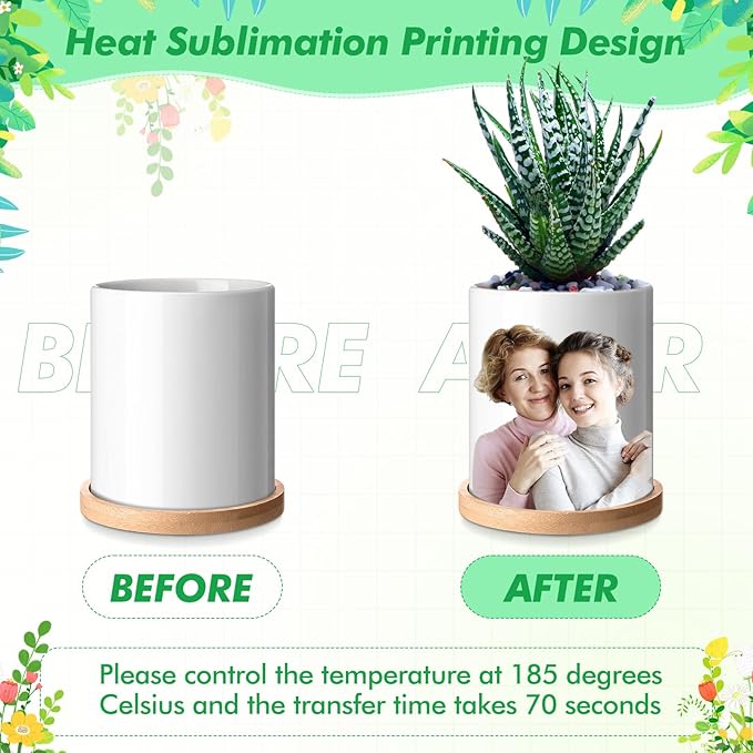 6 Pcs Sublimation Flower Pot Blanks Mini 3.2 in Garden Ceramic Succulent Planter Pot with Bamboo Tray with Drainage Hole Thank You Gifts for Employee Appreciation Plant Lover