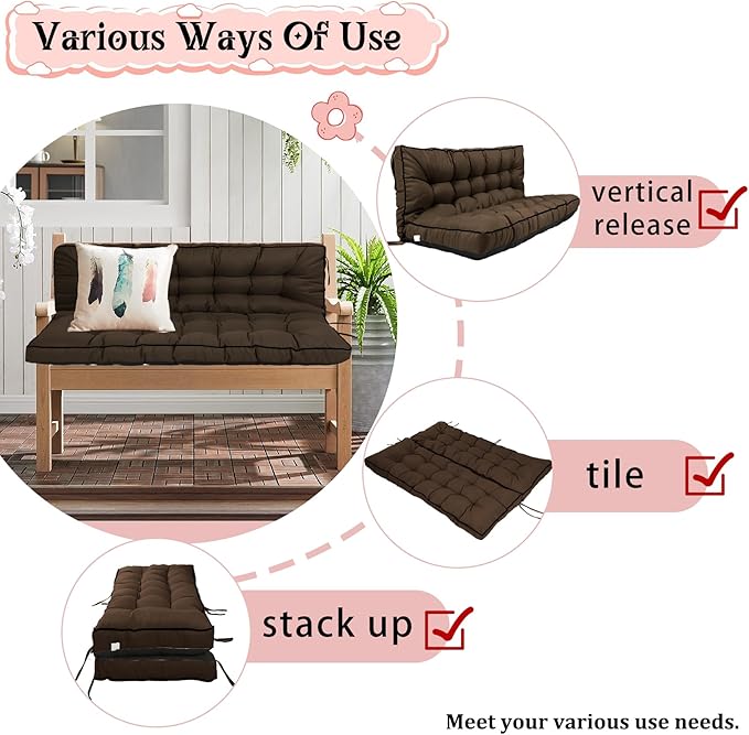 2-3 Seat Swing Replacement Cushion, Outdoor Bench Cushions with Backrest Thicken 4", Patio Furniture Garden Porch Loveseat Glider Pad Anti-Fading Waterproof (Brown, 40x70in-thicken)