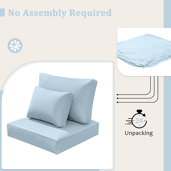 8-Piece Outdoor Cushions for Patio Furniture Thick Outdoor Chair Cushions Resilient Foam Waterproof Deep Seat Cushion Replacement for 3-Seat Sectional Sets Liner&Cover Light Blue