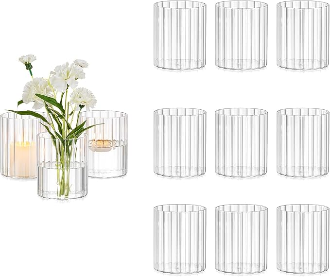 Glasseam Glass Cylinder Vases for Centerpieces: 12pcs Clear Ribbed Flower Vases for Pillar Candle - 4 Inch Modern Hurricane Floating Candle Holder for Wedding Table Centerpieces Living Room Home Decor