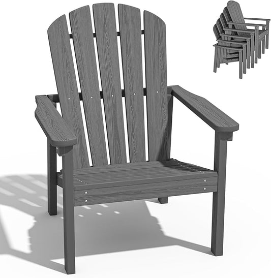 nevilywood Compact Stackable Adirondack Chairs, 26.3" Wide HDPE Outdoor Patio Chairs - Durable, Space-Saving Design for Porch, Lawn or Garden, Grey