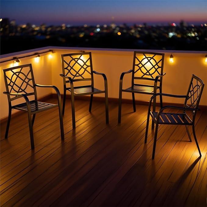 Crownland Patio Wrought Iron Dining Chairs Set of 4, Outdoor Bistro Stackable Metal Chairs with Armrests for Garden, Poolside, Backyard (Black)