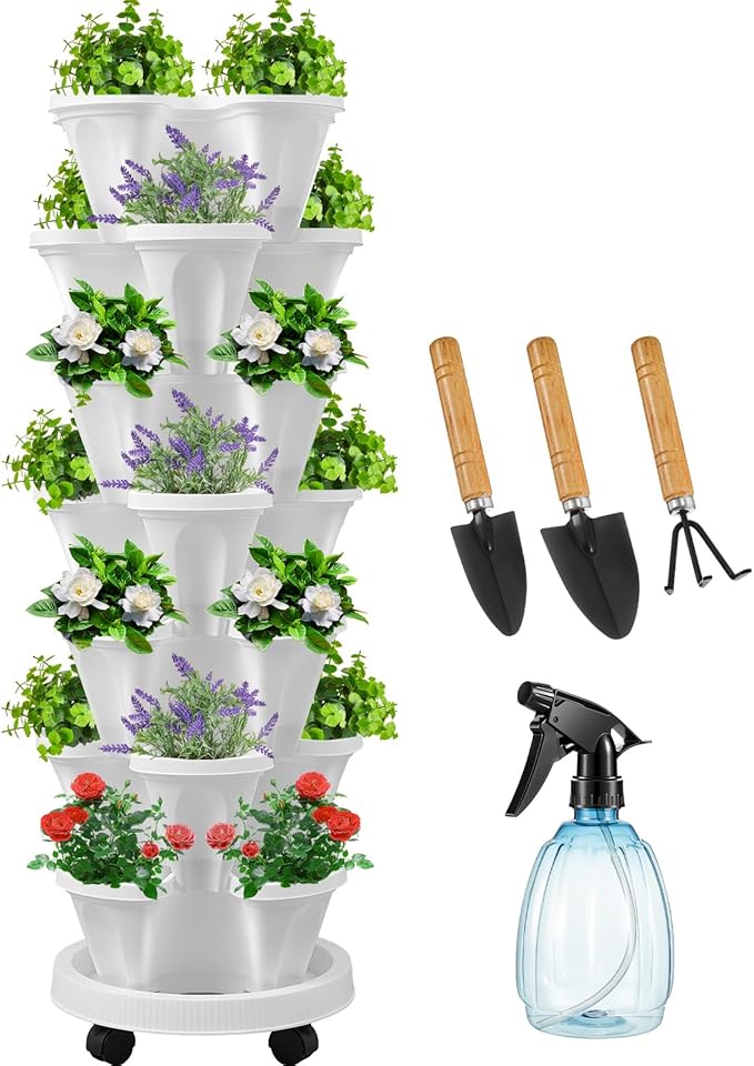 Umigy 1 Set White 7 Tier Vertical Planter Stackable Tower Planters Strawberry Herb Flower and Vegetable Pots Indoor Outdoor Gardening Pots with Removable Wheels and Tools