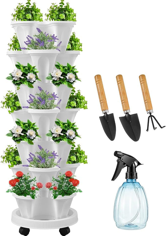 Umigy 1 Set White 7 Tier Vertical Planter Stackable Tower Planters Strawberry Herb Flower and Vegetable Pots Indoor Outdoor Gardening Pots with Removable Wheels and Tools