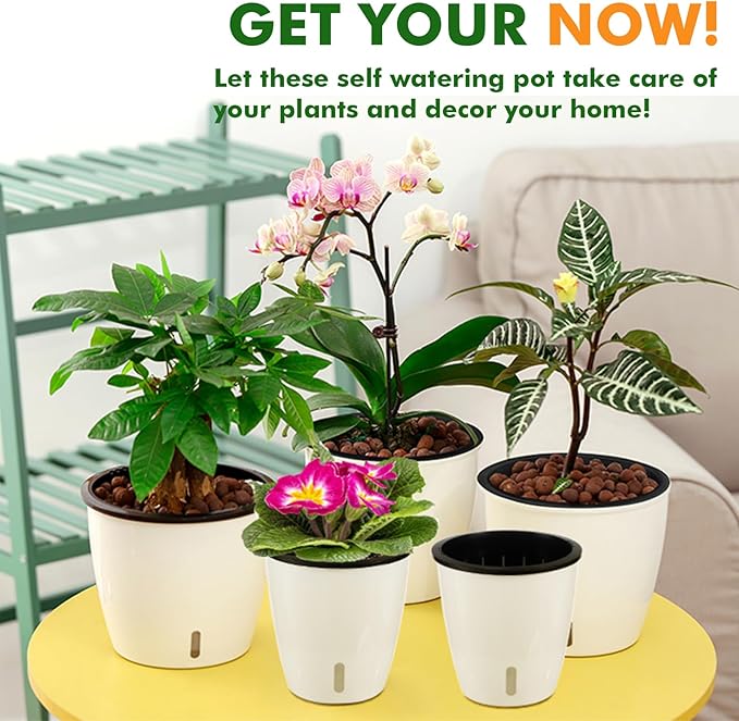 Planterhoma 5/6.7 Inch Self Watering Pots for Indoor Plants, 8 Packs African Violet Pots with Indicator, Black Wick Pot with Drainage Holes, Self Watering Planters for Orchid, Devil's Ivy, White