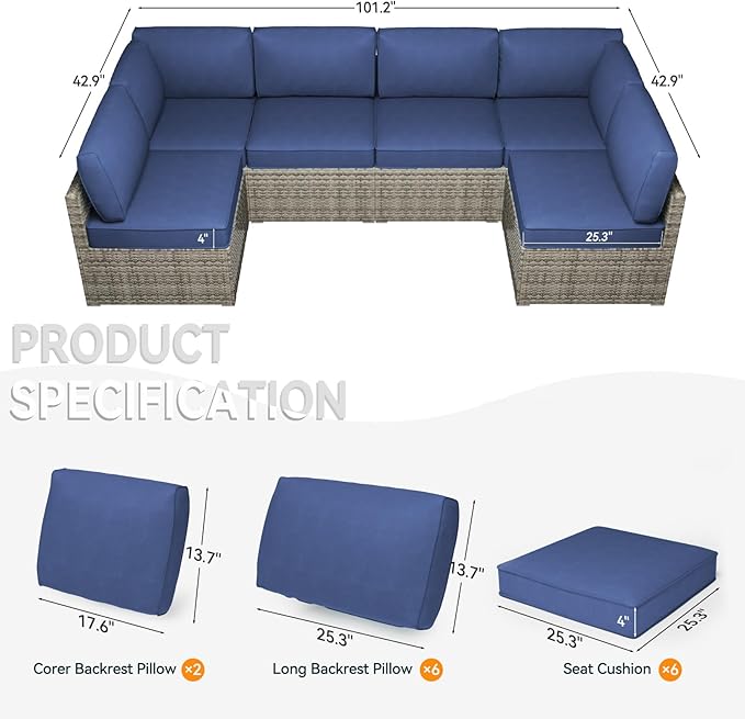 Patio Cushions for Outdoor Furniture,Water-Resistant Outdoor Cushions for 6 Seat Outdoor Sectinal,25.3"×25.3" Deep Seat Sofa Cushions, 14-Piece Outdoor Couch Cushions,Deep Blue