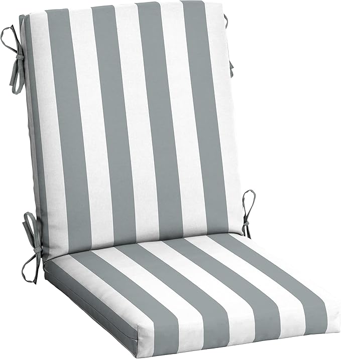 Arden Outdoor Patio Dining Chair Cushion, 20x44, Rain-Proof Seat Pad, Fade-Resistant Outdoor Cushion Stone Grey Cabana Stripe