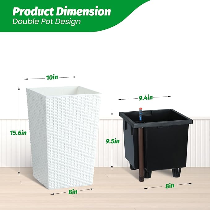 16 Inch Tall Planter Set of 2 Large Rattan Flower Pot with 2 Trays & a Water Level Monitor & Wheels Outdoor and Indoor for Patio, Porch, Living Room, or Home Office, White