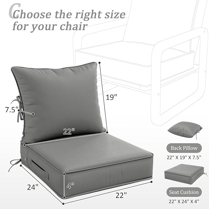 Outdoor Patio Chair Cushions Set 22 L X 24 W X 4 H Waterproof & Fade Resistant Deep Seat and Back Cushions with Removable Covers Outdoor Seat Cushion Set for Chairs and Sofas