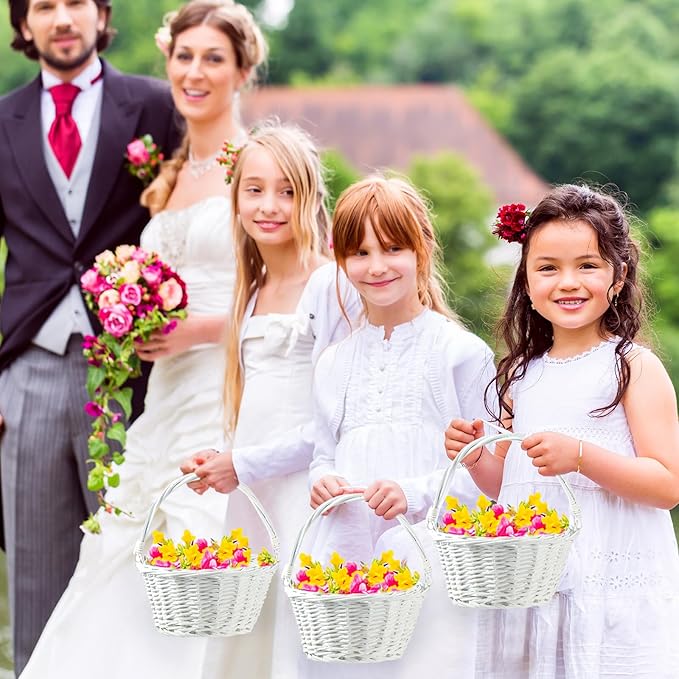 Barydat 6 Pcs Small Wicker Picnic Basket with Handle Flower Girl Baskets Oval Willow Woven Braided Gift Basket for Easter Weddings Baby Shower Home Garden Decor (White,12'' x 9'' x 5'')
