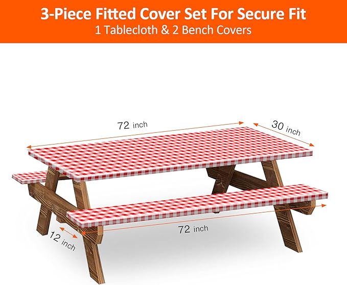 KENOBEE 6ft Picnic Table and Bench Cover, Camping Essentials RV Gear, 72in Waterproof Windproof Outdoor Elastic All Around Tablecloth, Fitted Rectangle Tables and Seats, Red-White Checkered