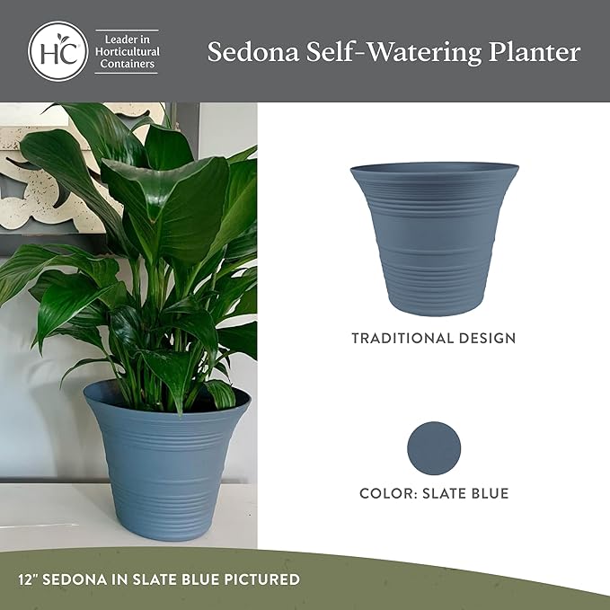 The HC Companies Sedona Round Self-Watering Pot - Lightweight Self Care Planter - Plastic Planter for Herbs & More - Durable Plant Pots for Indoor Plants & Outdoor Plants (12" Slate Blue, Pack of 1)