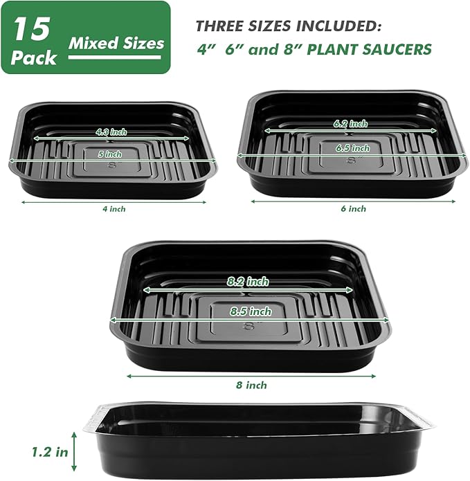 15 Pack 4, 6, 8 Inch Plant Saucer Plant Trays for Pots Square Plant Pot Saucers for Outdoors and Indoors Plant Water Catcher Tray Plastic Plant Trip Trays Saucers for Potted Plants Planter Dishes