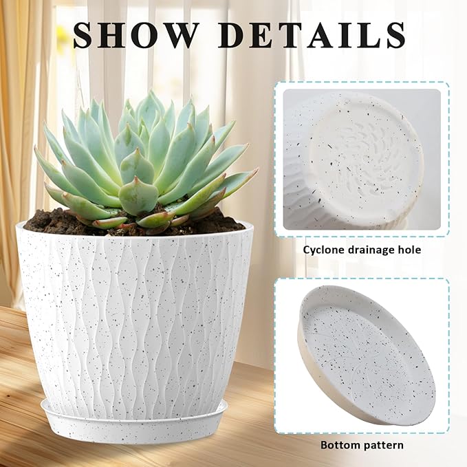 5 Pack 6 inch Flower Pots for Indoor Plants Planters for Outdoor Plants Decorative Home Garden Holiday Nursery Pot, Cute Plant Pots with Drainage Holes and Saucers White with Black Speckled