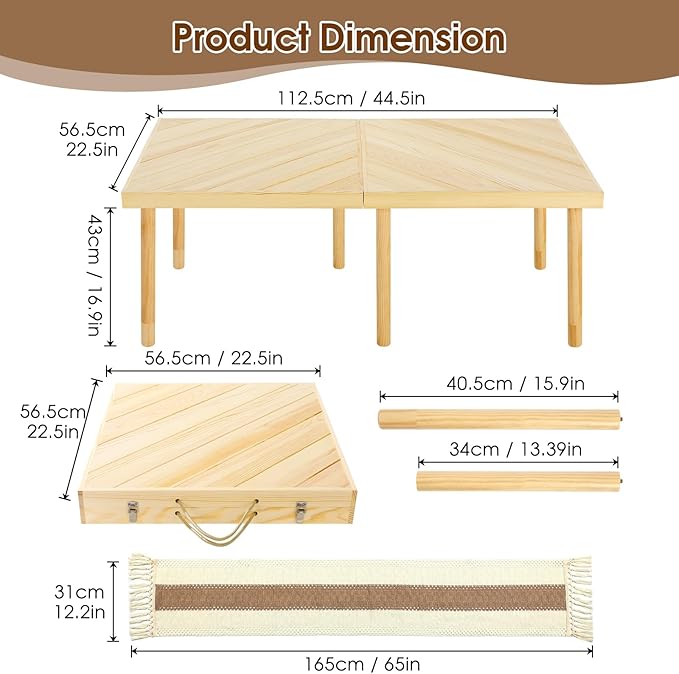 Folding Picnic Table with Table Runner, Portable Boho Low Picnic Table for Indoor Outdoor, 44" x 22" Wooden Table with Adjustable Heights for Camping, Wedding, Beach, Garden, Party(Small Size for 4)
