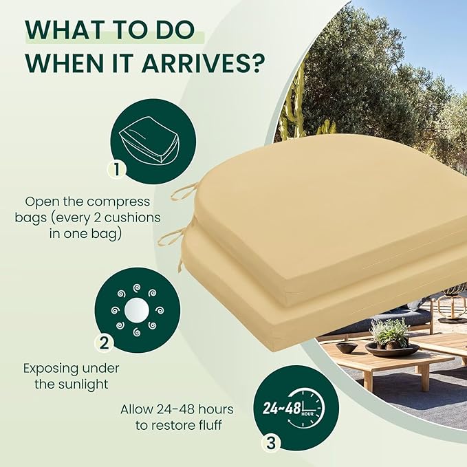 HARBOREST Outdoor Chair Cushions Set of 2, Water Resistant Patio Chair Cushions with Ties, Outdoor Seat Cushions for Patio Furniture, 17"x16"x2", Khaki