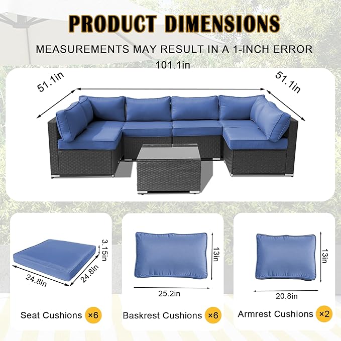 14Piece Outdoor Sofa Cushion Replacement, Patio Furniture Waterproof Cushion with Zippers, fit 6-Seat Outdoor Wicker Rattan Sectional Couch (Blue, 24.8"x24.8"x3.15")