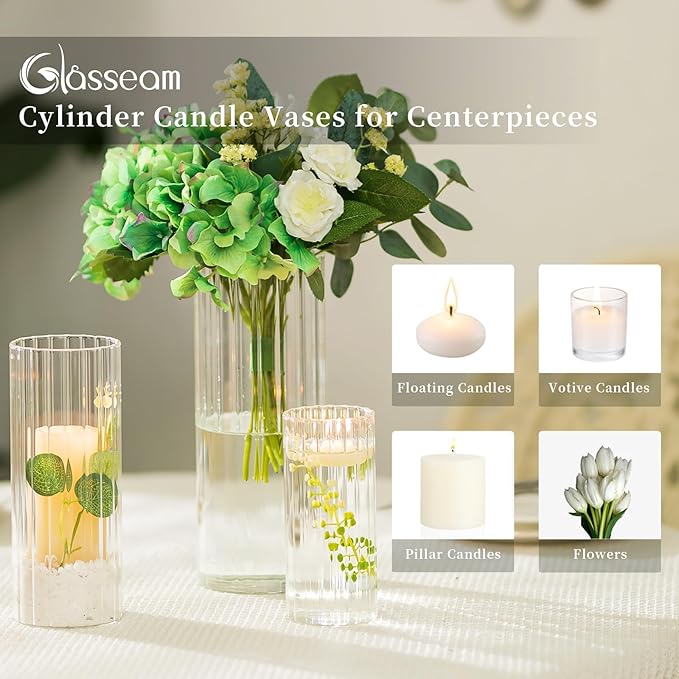 Glasseam Glass Cylinder Candle Holder, Clear Ribbed Vase Set of 18, Hurricane Pillar Candle Holder, Floating Candle Holders for Table Centerpiece, Flute Flower Vases for Centerpieces Dining Table