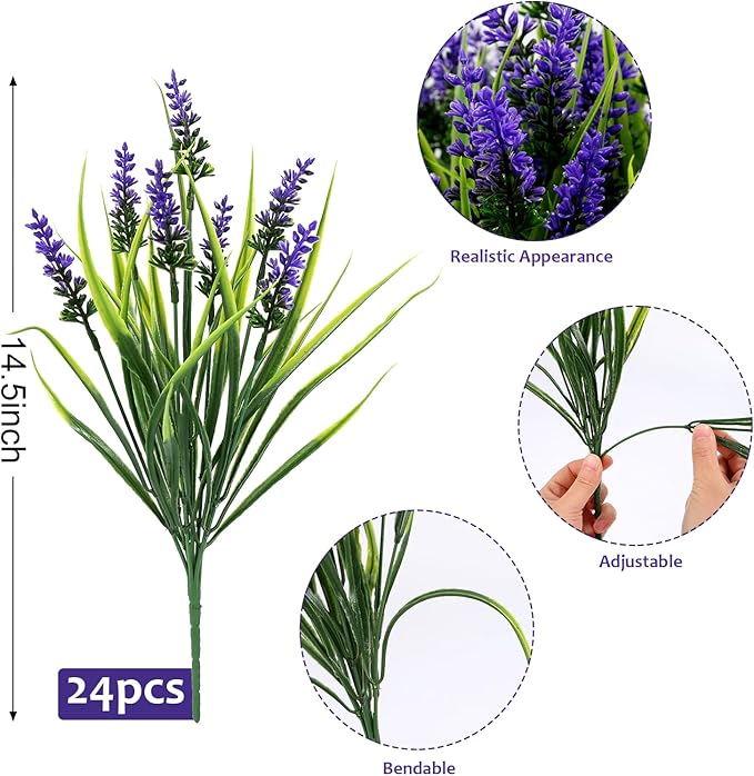 Geegoods 24 Bundles Artificial Plants Flowers Outdoor – Faux Lavender Flowers with Monkey Grass UV Resistant Plastic Faux Plants for Garden Porch Window Patio Hanging Planter Home Decor (Pack of 2)