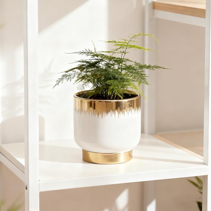 White Ceramic Planters, Gold Flower Pots for Indoor Plants with Drainage Holes, Modern Round Planter with Drainage Holes - Plant Not Included 4.33 X4.33 Inch