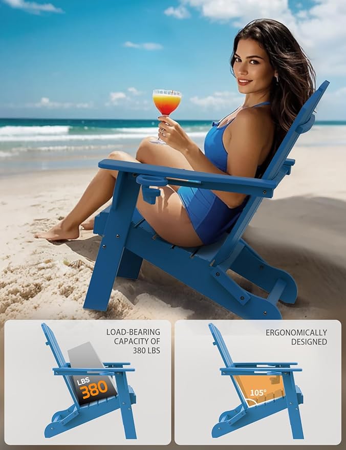 Folding Adirondack Chair Set of 4, Wooden Textured Plastic Adirondack Chairs with 2 Cup Holder, Weather Resistant HDPE Fire Pit Chair, Outdoor Patio Chairs for Garden, Backyard, Lawn, Deck, Blue