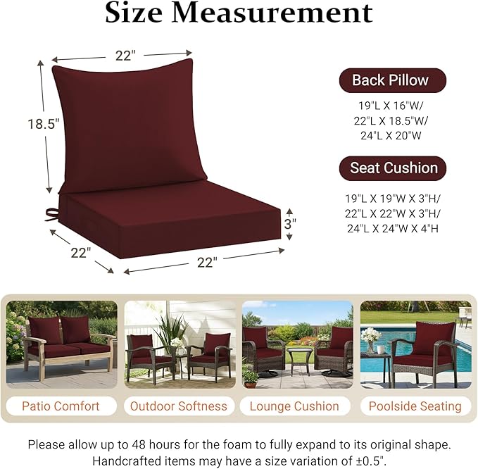 downluxe 22x22 Outdoor Chair Cushions, Waterproof Fade Resistant Patio Furniture Cushions with Handle & Removable Cover, Deep Seat Outdoor Cushions for Sofa, Couch and Patio Chairs, Burgundy