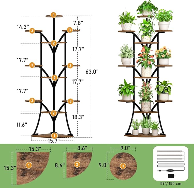 Plant Stand Indoor with Grow Lights-63'' Tall Plant Shelf, Corner Plant Stands for Indoor Growing, Tiered Plant Shelves Large Flower Holder for Indoor Plants, V-Shaped Decorative Rack for Home, Black