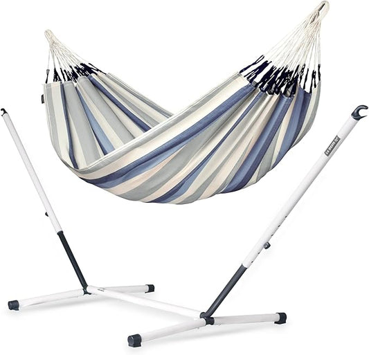 LA SIESTA® - XL King Brisa Classic Hammock & Nautico Steel Stand - Weather & Tear Resistant - Portable, Family Hammock w/Stand - Balcony Porch Garden Outdoor Indoor Hammock - Max 440 Lbs, Sea Salt