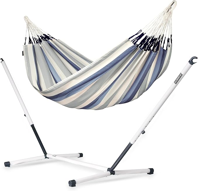LA SIESTA® - Large Double Brisa Classic Hammock & Nautico Steel Stand - Weather & Tear Resistant Portable Hammock w/Stand - Balcony Porch Garden Outdoor Indoor Hammock - 2-Person Max 355 Lbs, Seasalt