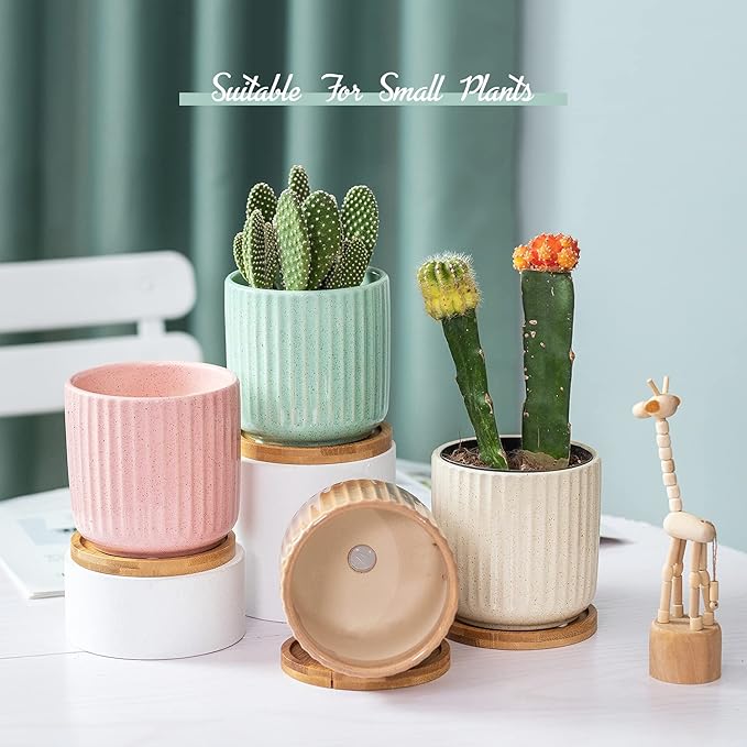 TAMAYKIM 4 Inch Cylinder Ceramic Boho Plant Pots with Drainage Hole and Saucer, Glazed Vertical Pattern Multicolor Flower Pots for Succulent, Snake Plant, Cactus & Herbs, Set of 4 (Plant Not Included)