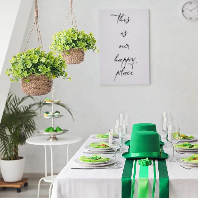 2 Set St. Patrick's Day Artificial Clover Plants with Woven Basket, Faux Shamrock Hanging Plants for Irish Theme Home Decor, St. Patrick's Displays
