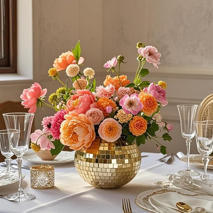 6 Pcs Disco Ball Vase,5" X 6" Disco Ball Centerpieces,Glass Disco Ball Planter Mirror Disco Ball Decor Can Be Used for Wedding Centerpieces,Birthday,Office(Gold)