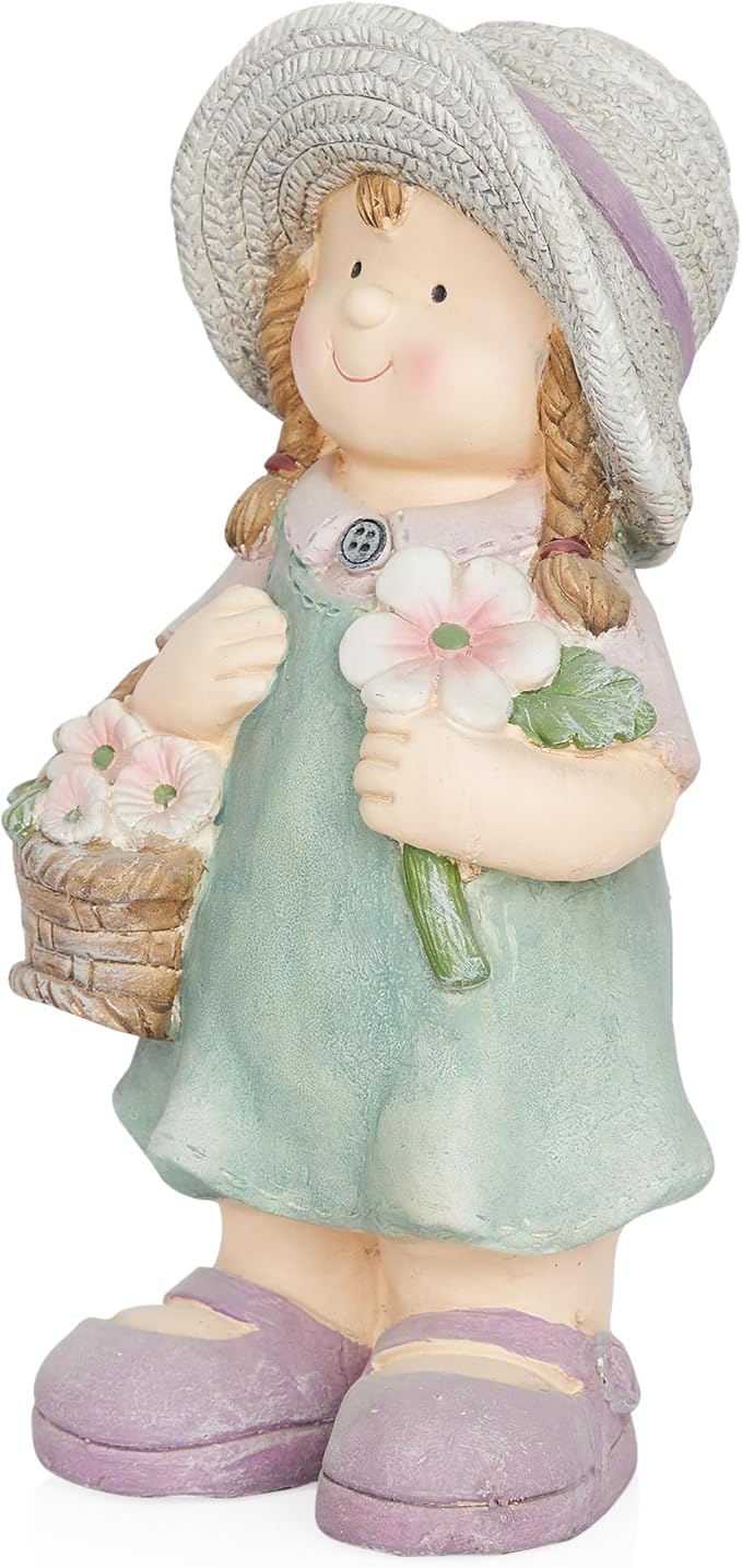 Alpine Corporation QWR1456 Indoor/Outdoor Little Girl with Flower Basket Garden Statue, Playful Child Statue for Yard, 15" H, Green