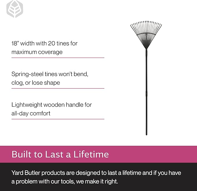 Yard Butler World’s Greatest Rake 18" Wide Leaf Rake, ILT-20 Garden Rake for Lawncare - Convenient Garden Cleaning Accessory - Lightweight Wooden Handle - Steel Tines - Easy to Maneuver
