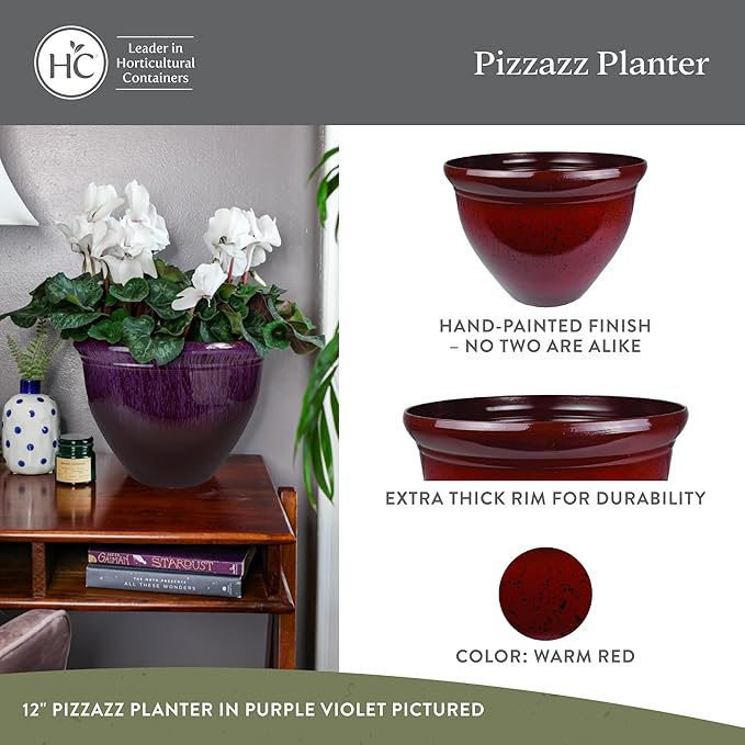 The HC Companies 9 Inch Pizzazz Round Planter Pots with Ceramic Look, Lightweight UV-Resistant Plastic Indoor & Outdoor Planters, 2-Pack Flower Pots for Garden & Home Decor, Warm Red
