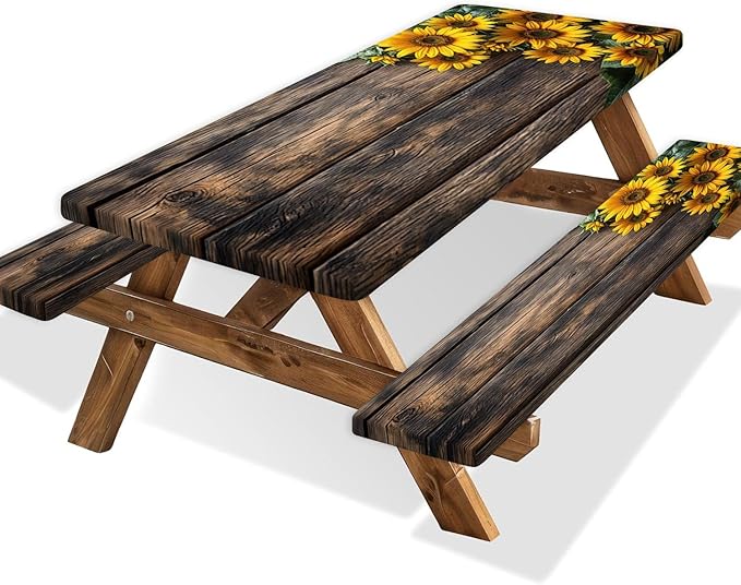 Picnic Table Cover with Bench Covers Wood Sunflower Elastic Outdoor Tablecloth Camping Essentials Waterproof Windproof Camping Tablecloth with Drawstring Bag, Fitted Rectangle Tables Seats 60X30in
